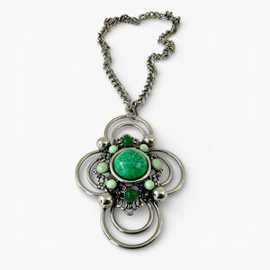 Vintage Made in Austria Peking Glass Statement Necklace, 1960s Green Art Glass